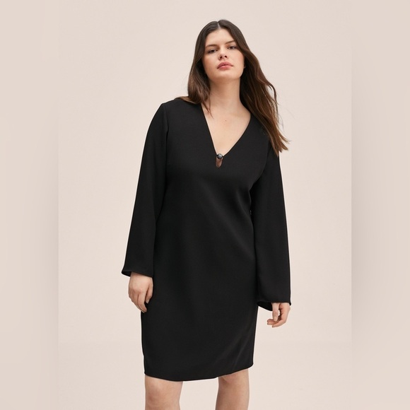 NWT Mango Black Long Sleeve Shift Dress w/ Neck Applique Button Detail Size 2XL - Picture 1 of 11